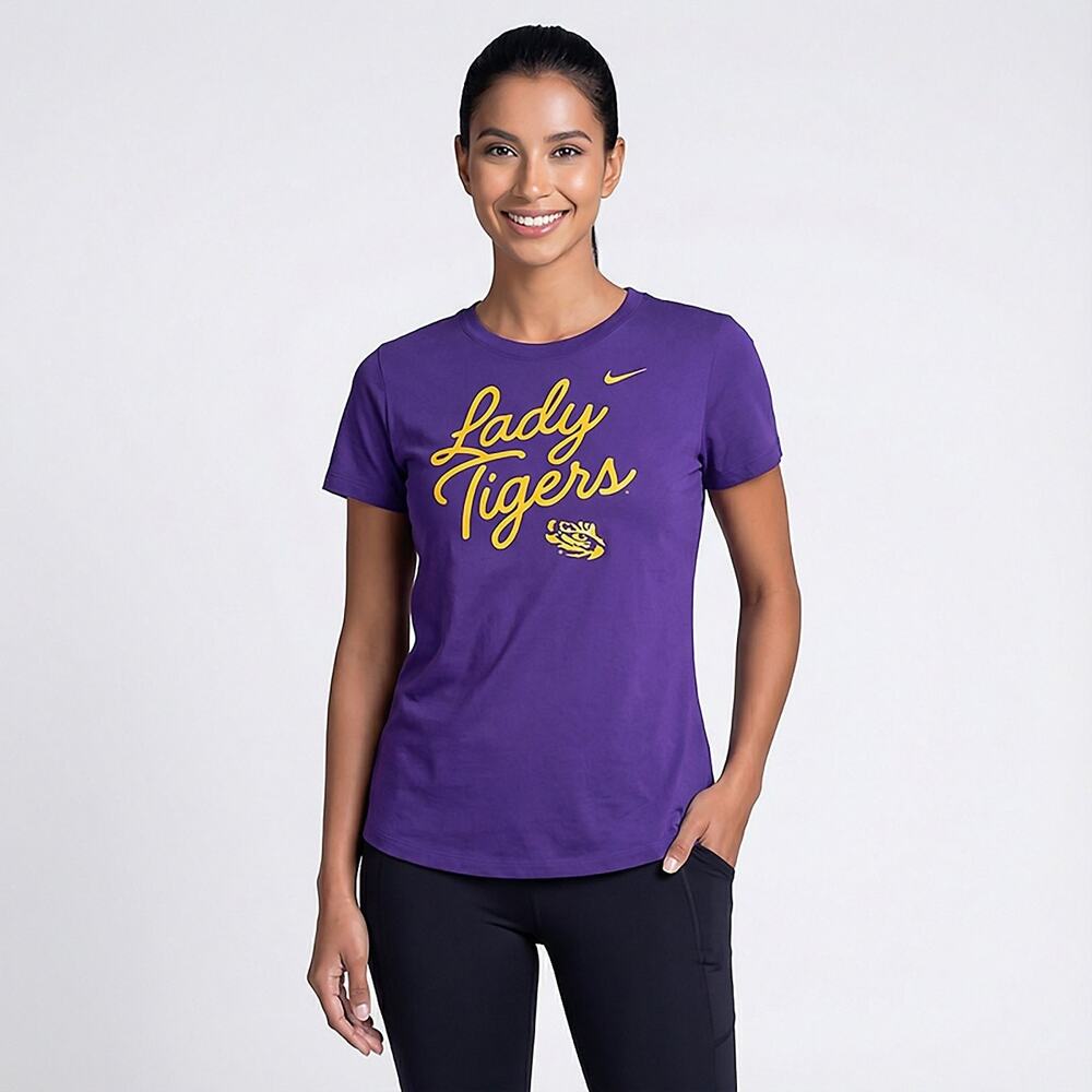 NWT Nike Womens LSU Tigers Script Over Logo Purple T-Shirt Size Large
